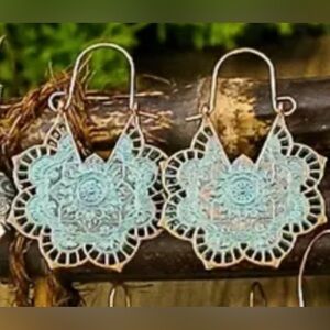Intricate Lace Design Copper tone Earrings with patina look